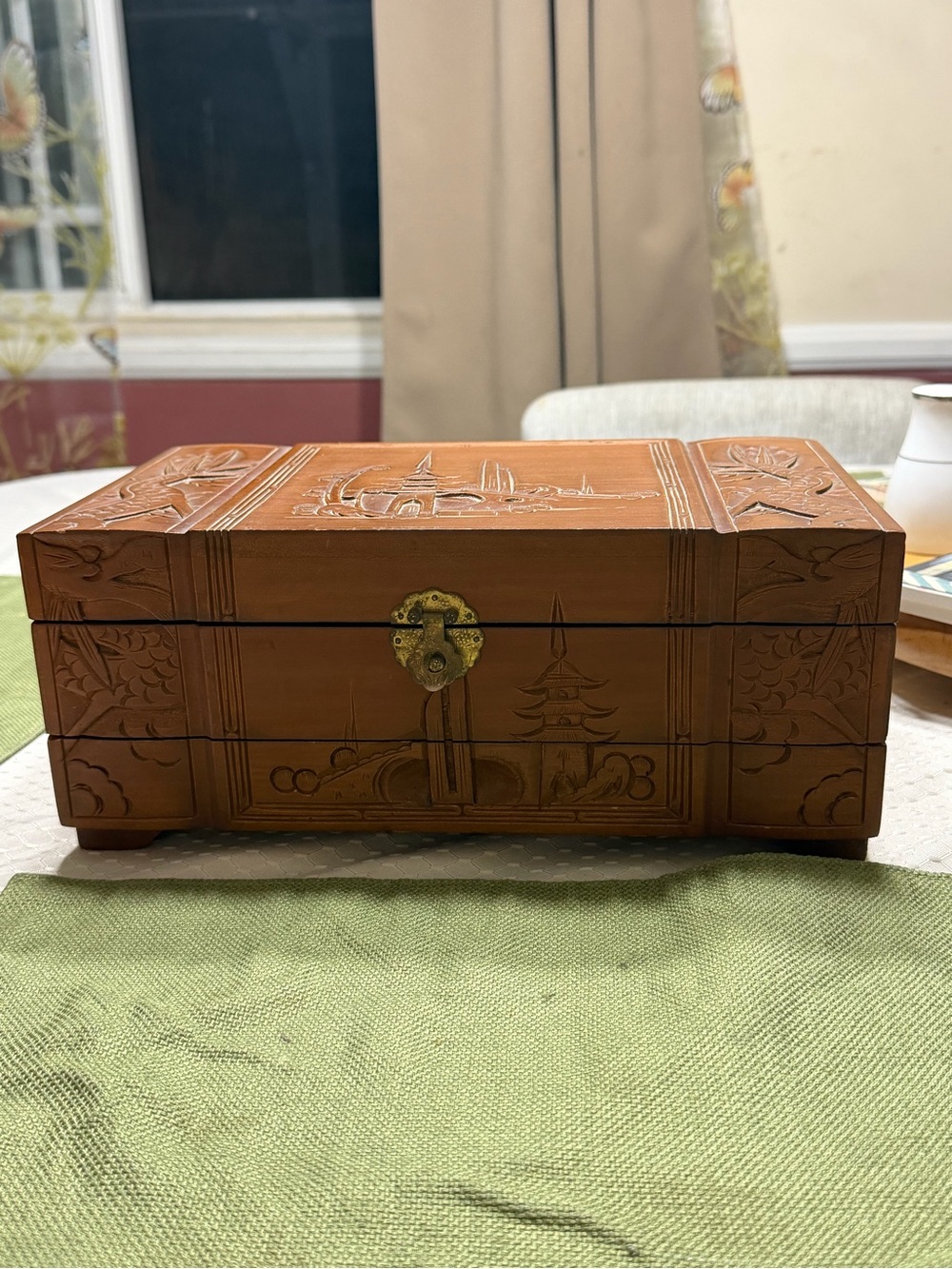 Wooden Carved Jewelry Box - Brown